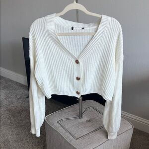 Cropped V-Neck Button Front Women's Sweater - White